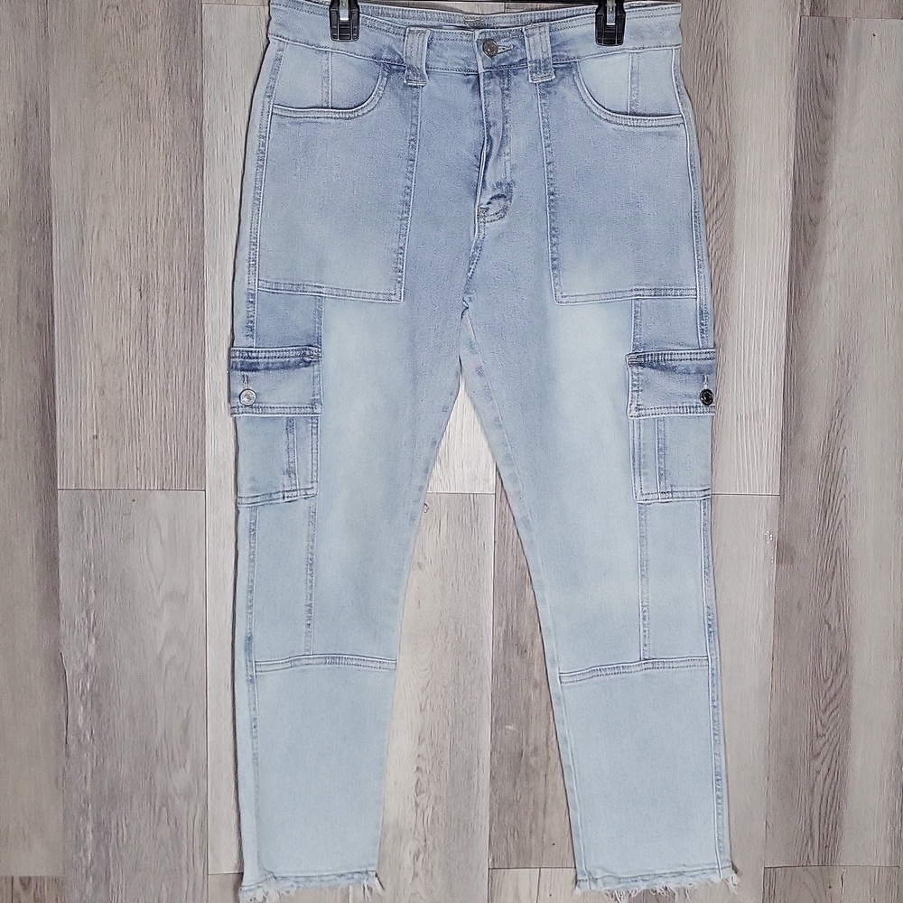 Kancan Womens 9 Winston High Rise Cargo Ankle Straight Jeans Raw‎ Hems Utility
